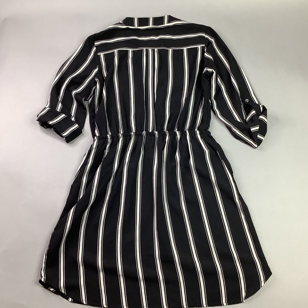 Striped Black & White Midi Dress Roll-Up Sleeves Drawstring Waist Old Money - Picture 9 of 10